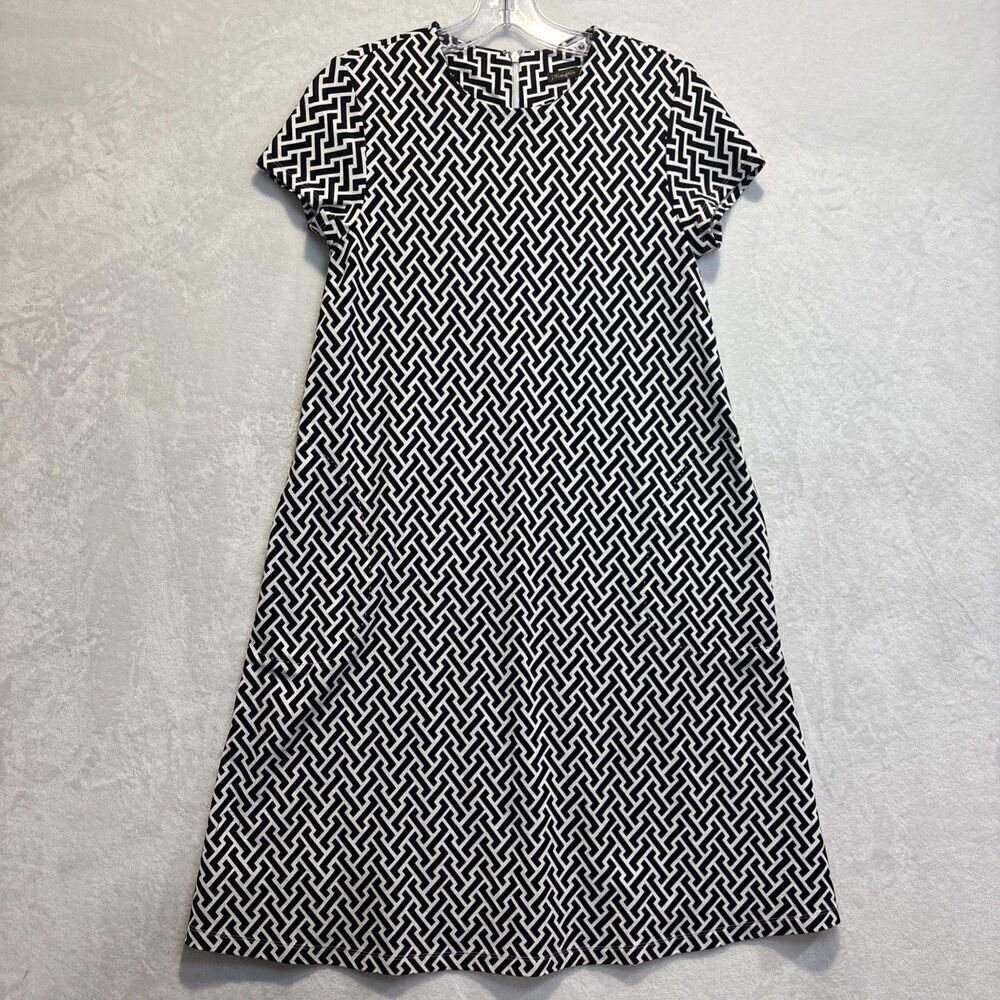 J. McLaughlin Black White Geometric Trapeze Short Sleeve Dress Size XS Pockets